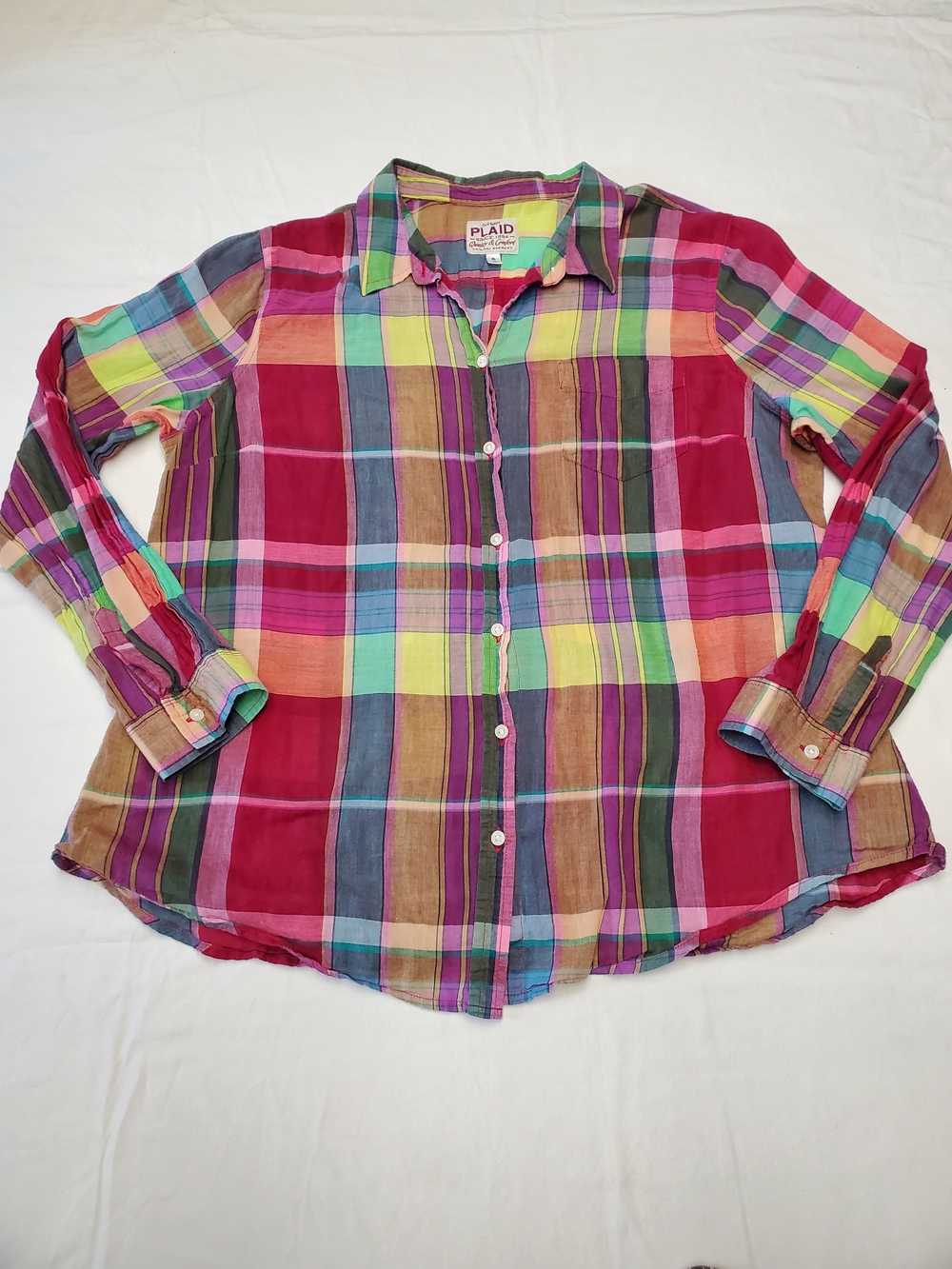 Old Navy Plaid Button Down Shirt XL | Multicolor Lightweight Cotton Flannel Y2K